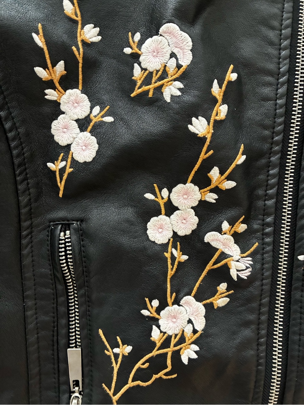 Black Floral Embroidered Faux Leather Jacket - Women - Picture 5 of 5